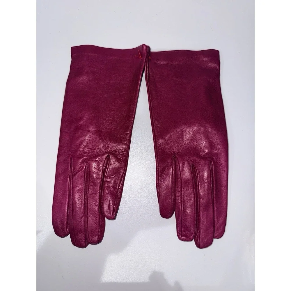 Leather Gloves Hot Pink Vintage Italian Made Gloves‎ 100% Silk Lining Sz 7.5 1